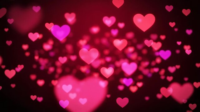 Abstract background of glowing pink and red heart shape bokeh lights floating in the dark for valentine day celebration