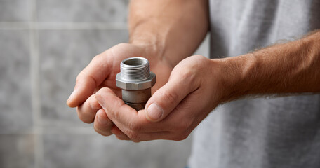Fototapeta premium Close-up of male hands holding metal plumbing pipe fitting against blurred tiled background indoors