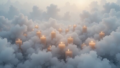Candles floating in a soft mist: an abstract landscape of introspection and tranquility