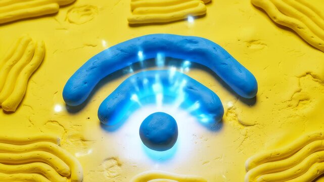 Plasticine Wifi Icon Brightens Up on a Yellow Surface, Stop Motion