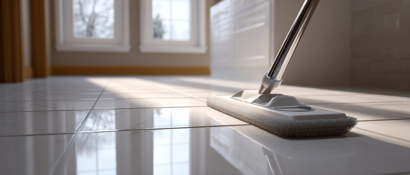 Close-up of a mop cleaning shiny white tiled floor in a bright room with large and natural sunlight