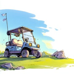 Blue golf cart on green grass with a flag pole