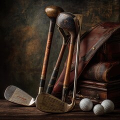 Antique Golf Clubs, Bag, and Balls Still Life