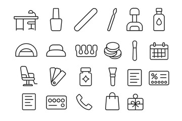 Essentials of a professional nail salon: icons of tools and products for manicures and pedicures