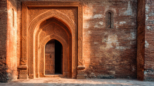 Adina Mosque ancient Islamic architecture entrance detail in India