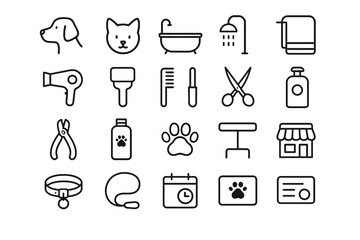 Pet grooming icons: dog, cat, bath, shower, towel, tools, care