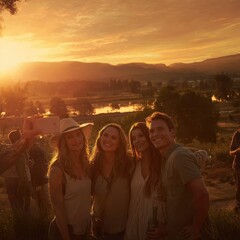 Friends Taking Selfie at Sunset