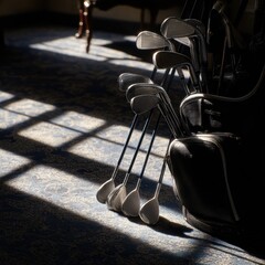 Golf bag with clubs on carpet with sunlight shadows