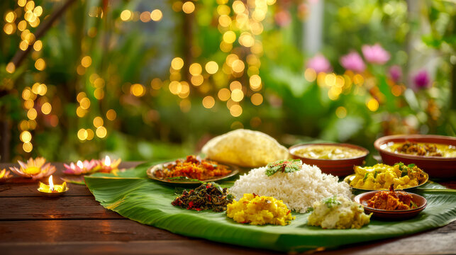Onam sadhya meal serving on banana leaf