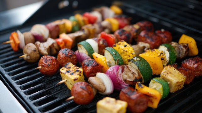 Grilling colorful meat and vegetable skewers on barbecue