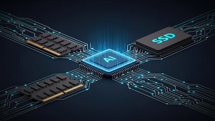 Dark, futuristic 3d render of a glowing blue ai chip connecting components, processing data on a complex circuit board.