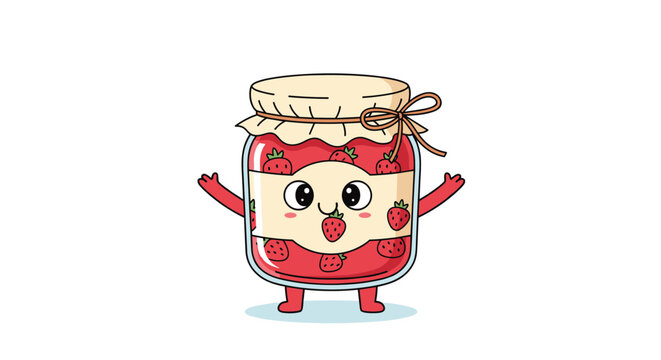 Cute cartoon strawberry jam jar character with arms and legs, looking excited.