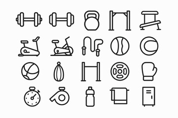 Set of gym equipment icons: dumbbells, kettlebell, exercise bike, stopwatch