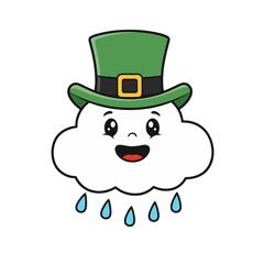 Cute Cloud Character Wearing Green Leprechaun Hat Kawaii Rainy Weather Mascot for St Patricks Day