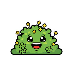 Cute Green Bush Character with Happy Face and Clovers Kawaii Lucky Nature Mascot for St Patricks Day