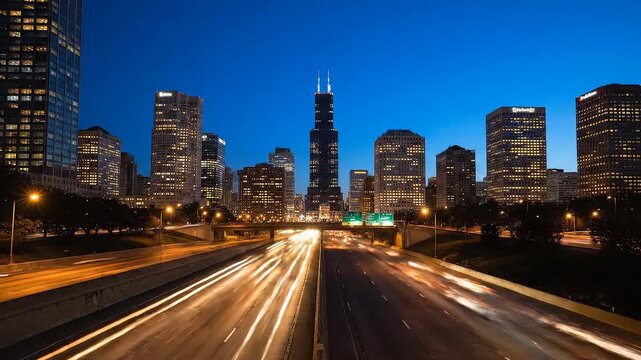Chicago city highway light trails at night in dynamic urban motion scene. Seamless looping time-lapse animation video background