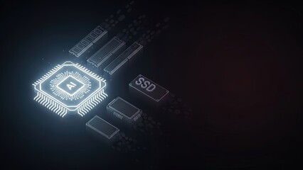 Blue neon glowing microchip processing rapid data transfer with ssd components in a dark, futuristic isometric illustration.