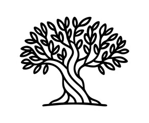 Stylized olive tree illustration in black and white line art, vector design symbolizing nature, peace, and growth. Ideal for logos, branding, packaging, decor, prints, and backgrounds.