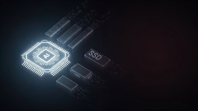 Blue neon glowing microchip processing rapid data transfer with ssd components in a dark, futuristic isometric illustration. - Powered by Adobe