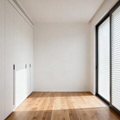 Obraz premium Minimalist empty room with wooden floor and white closet