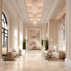 Hotel Lobby with Abstract Art and Chandeliers