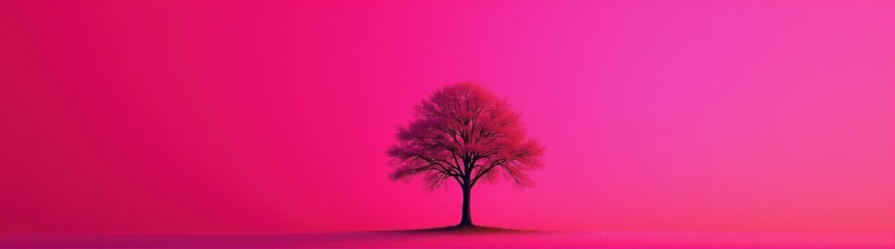 A lone tree in a pink field with a pink sky plant background
