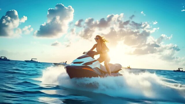 A vivid, actionpacked scene of a woman riding a jet ski on the ocean during sunset. The sky is painted with hues of orange and blue, with fluffy white clouds scattered throughout.