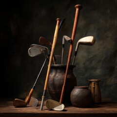Vintage Golf Clubs in Ceramic Pot