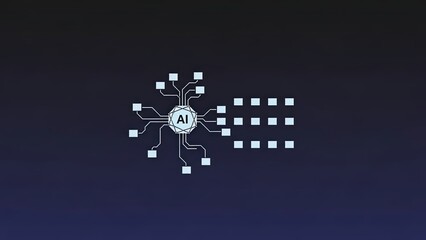 Conceptual ai core processing data through a minimalist digital network on a dark blue background.