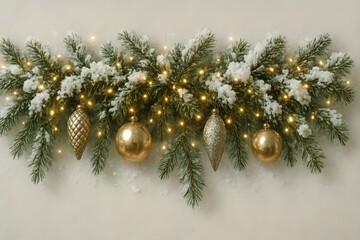 Snow Dusted Christmas Garland with Golden Ornaments and Warm Fairy Lights on a Light Background