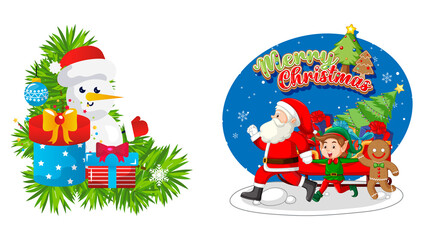 Christmas Snowman with Gift Boxes and Holiday Wreath Vector Illustration, Christmas Snowman with Gift Boxes and Holiday Wreath Illustration, Cute Snowman with Christmas Presents and Pine Wreath Vector