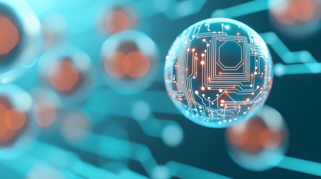 A futuristic digital sphere with circuit patterns, representing technology and innovation in a vibrant, abstract environment.