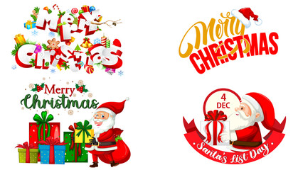 Christmas Typography Lettering with Santa and Holiday Elements, Merry Christmas Decorative Text and Santa Illustration Set, Festive Christmas Lettering Typography Collection Vector