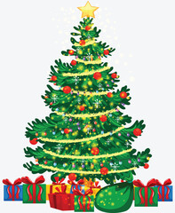 Christmas tree decorated with gifts and gift boxes for winter holiday celebration illustration