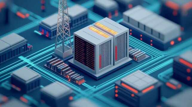 A futuristic data center with servers and a transmission tower, showcasing a network of interconnected technology in an abstract urban environment. - Powered by Adobe