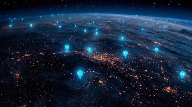 Glowing location markers over a digital Earth showing connectivity and global networking