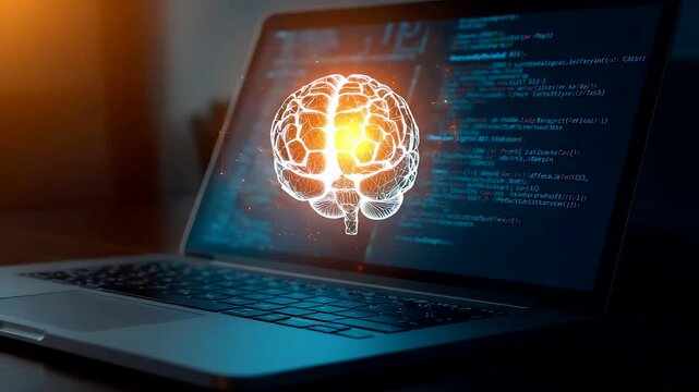 Laptop displaying glowing brain visualization over code interface showing artificial intelligence development machine learning research and advanced computing