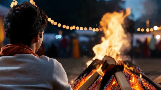 Crowds of people gather around a large, roaring bonfire, observing the traditional Lohri festival under a dark sky filled with dancing embers and glowing light