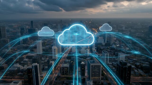 Futuristic cloud computing technology concept over city skyline at dusk