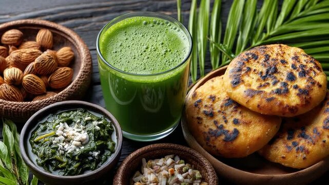 Traditional Punjabi Lohri feast with makki di roti, sarson da saag, dry fruits and a refreshing green juice arranged on a rustic wooden table for winter celebration
