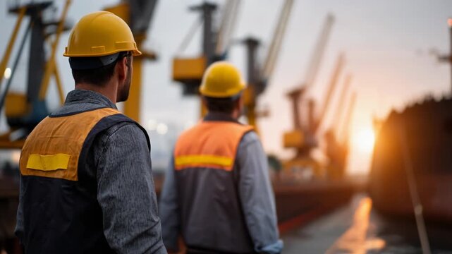Workers in Safety Gear at a Shipyard during Sunset, Ideal for Industrial and Maritime Themes