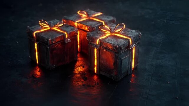 Winter holiday celebration concept. Christmas New Year. futuristic, dark, and atmospheric digital artwork featuring three glowing, metallic, rectangular gift boxes with ribbons tied in bows.
