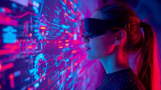 Woman wearing VR headset interacting with neon digital data streams showing immersive technology experience human computer interaction and innovation