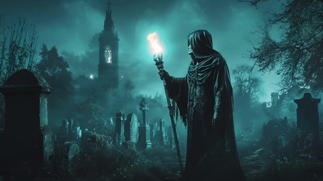 Halloween holiday promotion theme. Spooky scaring. A dark, atmospheric, and atmospheric portrayal of a gothic graveyard scene at night. The main subject is a cloaked figure with glowing blue eyes.