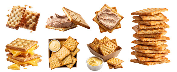 Set of square crackers biscuit, crispy flat baked thin snack staple food, cheese melting, tuna spread, takeaway box, stack pile broken, transparent cutout PNG. Many different Mockup