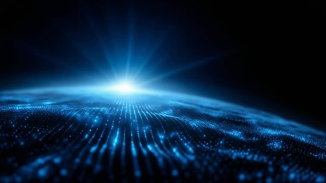 Stunning digital earth globe with glowing blue network data visualization and light rays