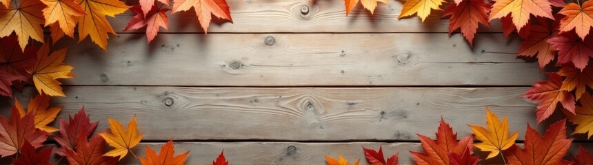 Fototapeta premium Wooden background with a bunch of leaves plant background copy space