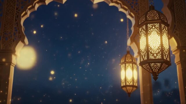A cinematic night scene featuring traditional Ramadan lanterns (fanous) glowing warmly
