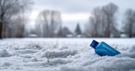 Blue plastic bottle discarded in snow-covered field with blurred winter trees and overcast sky in background