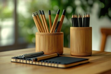 Obraz premium Desk Still Life with Pencils and Notebook